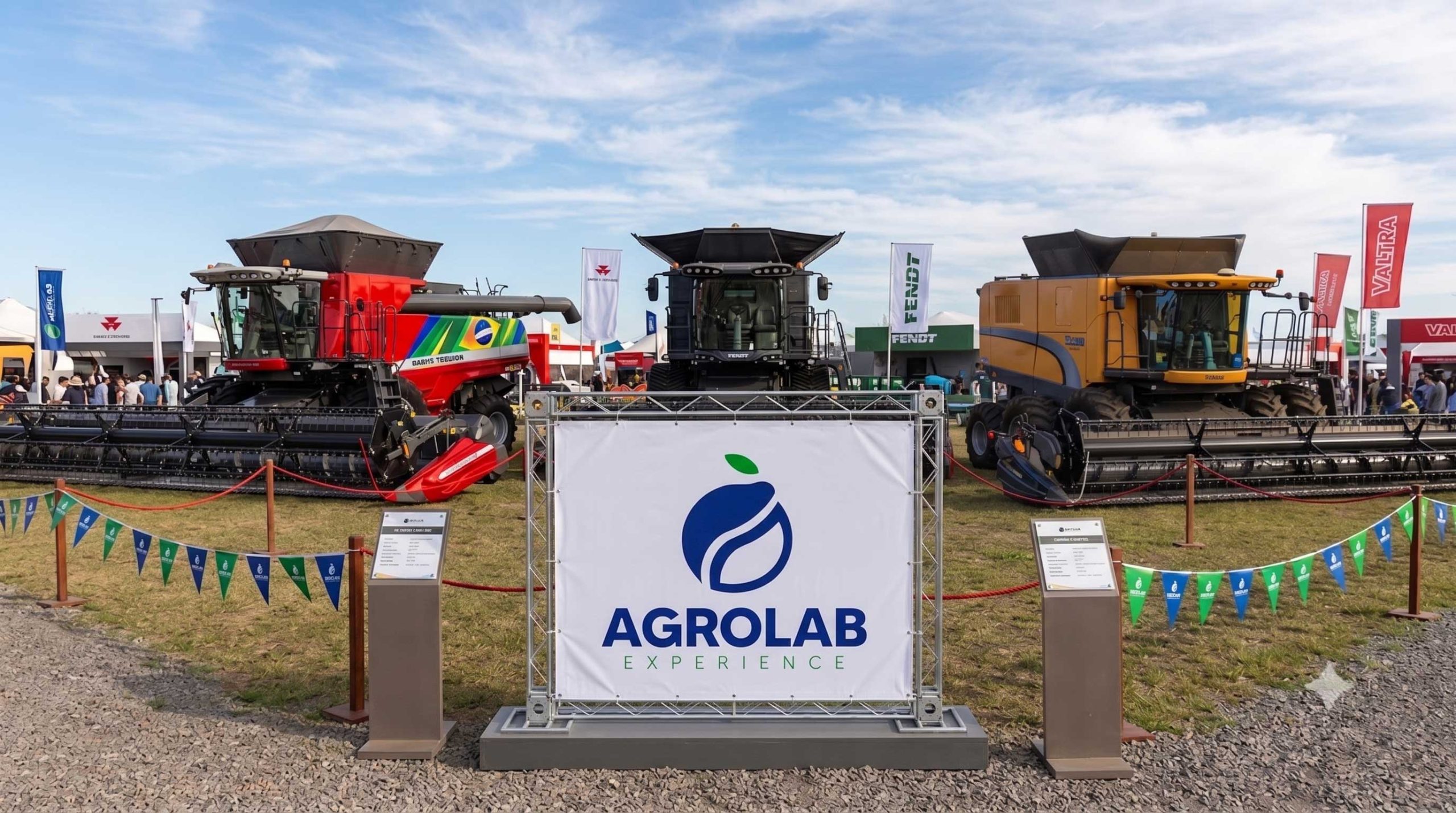 Estande AgroLab Experience na feira, com Massey Ferguson, Fendt e Valtra